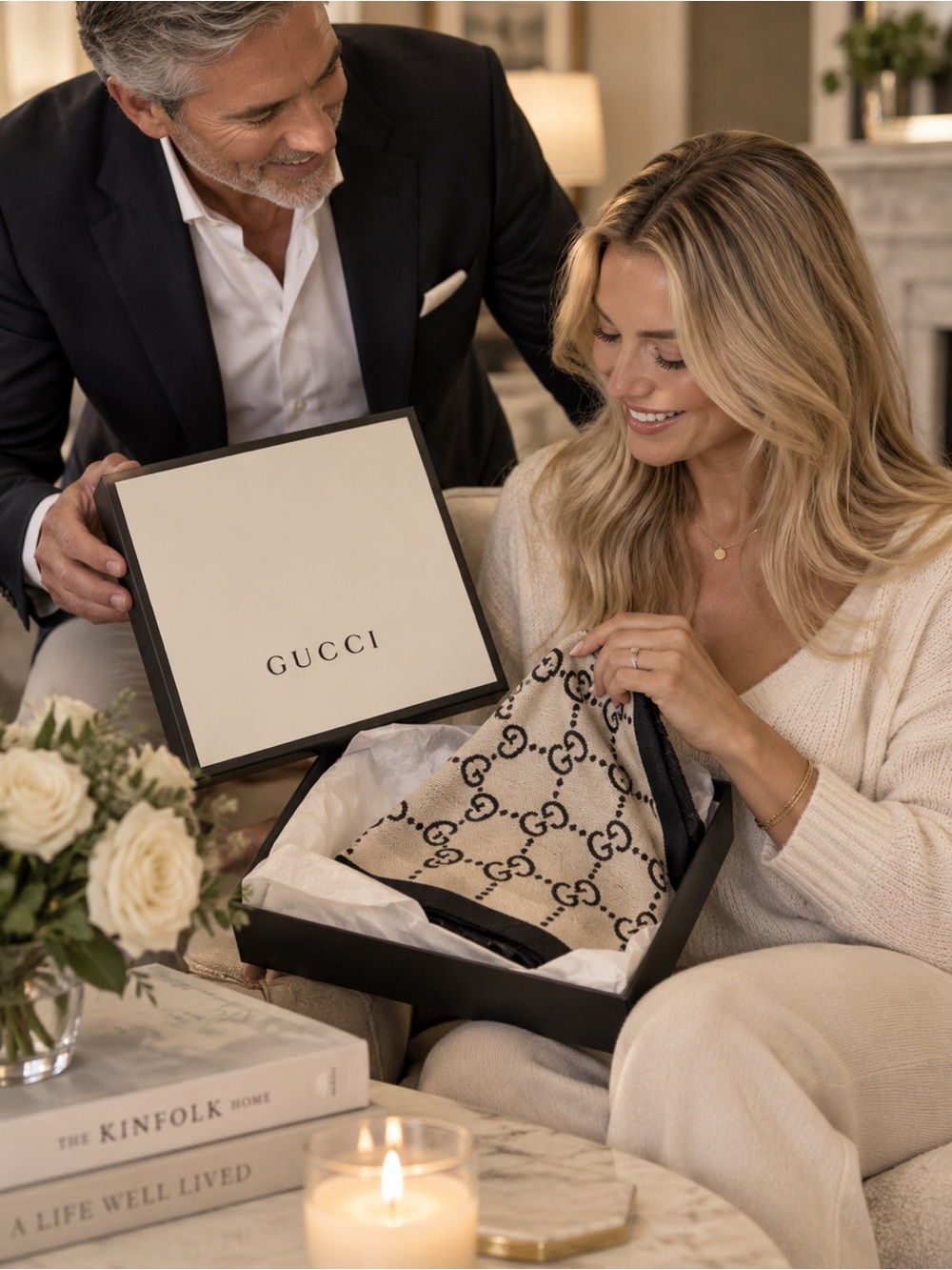 Gucci Cream and Black Signature Scarf Box 10” X 10” X 1”